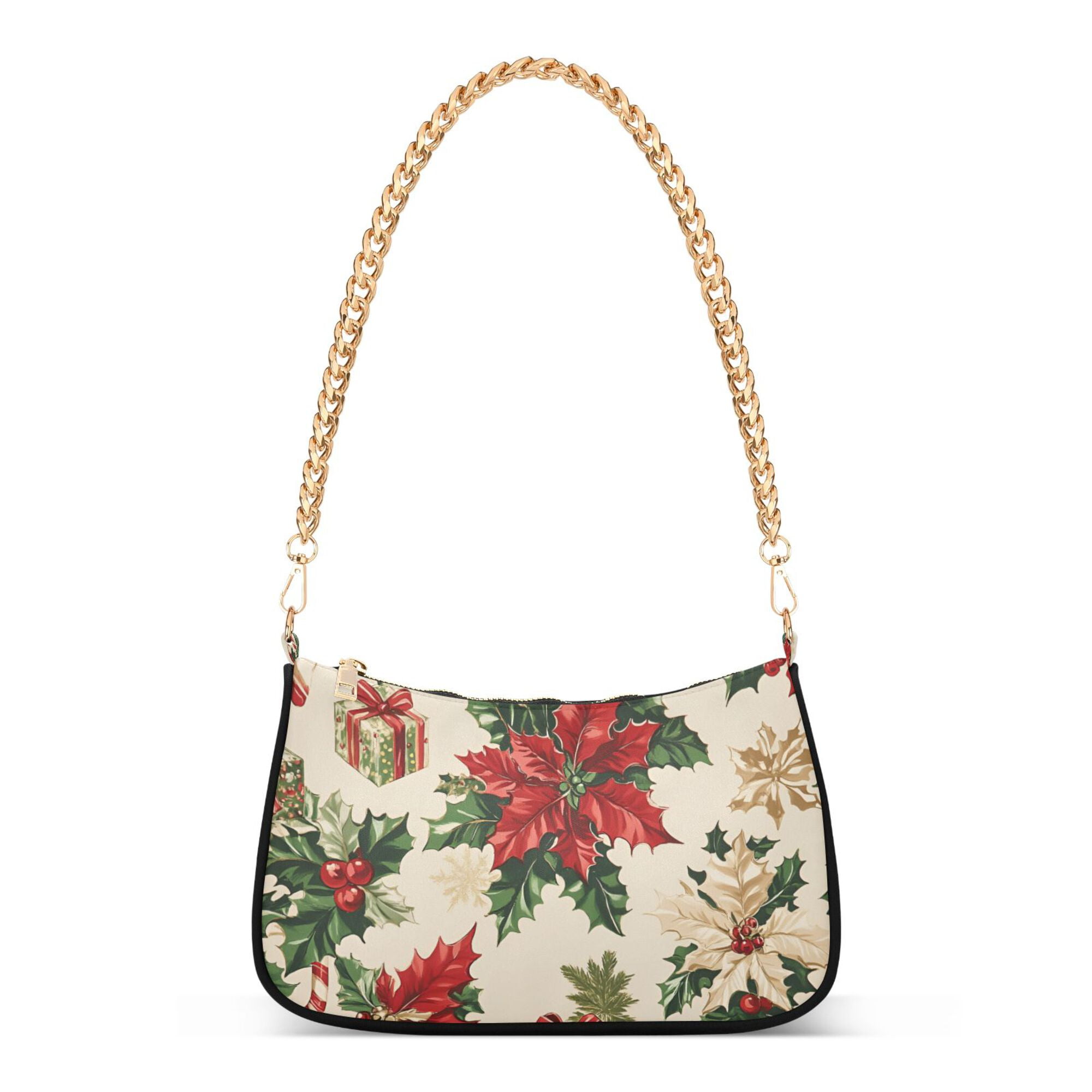 FORMRS Womens Shoulder Bag with Chain Strap Clutch Purse Cute Tote Handbag, Christmas Poinsettia