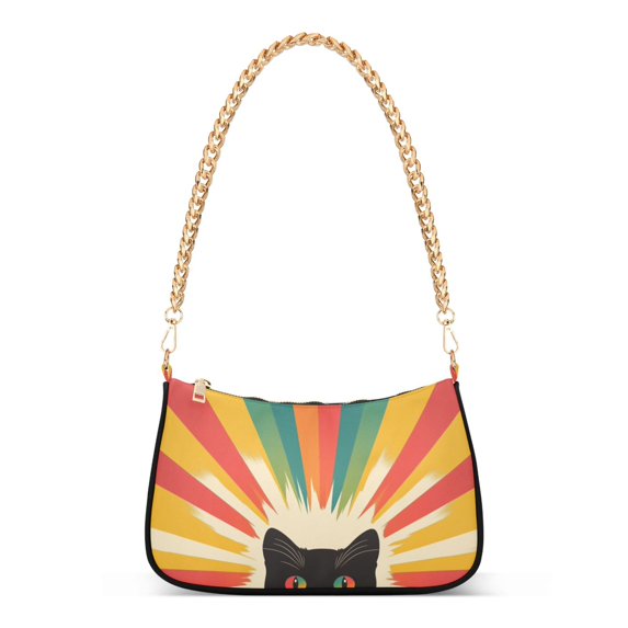 FORMRS Womens Shoulder Bag with Chain Strap Clutch Purse Cute Tote Handbag, Colorful Black Cat