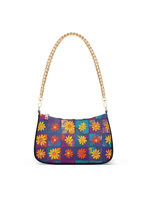 Womens Shoulder Bag with Chain Strap Clutch Purse Cute Tote Handbag, Colorful Checkered Daisy