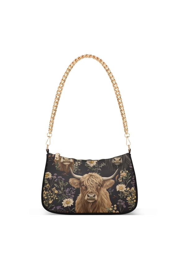 Womens Shoulder Bag with Chain Strap Clutch Purse Cute Tote Handbag, Cows and Flowers
