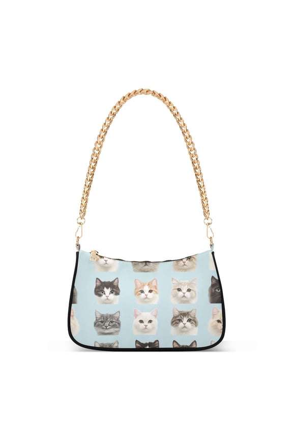 Womens Shoulder Bag with Chain Strap Clutch Purse Cute Tote Handbag, Cute Cat Faces