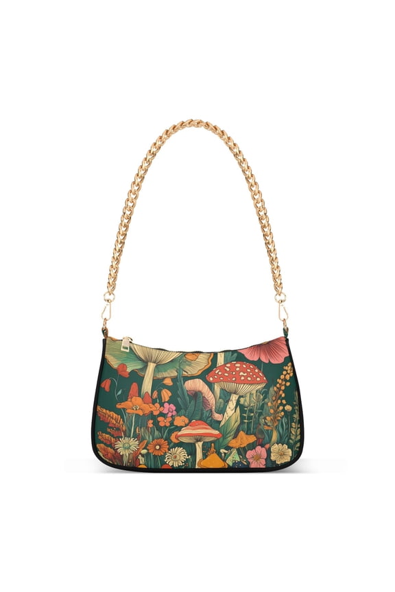 Womens Shoulder Bag with Chain Strap Clutch Purse Cute Tote Handbag, Floral Mushroom