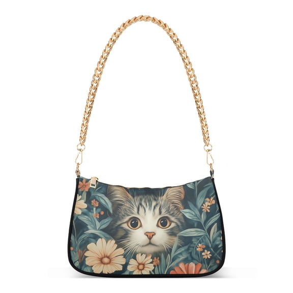 FORMRS Womens Shoulder Bag with Chain Strap Clutch Purse Cute Tote Handbag, Flowers Cat