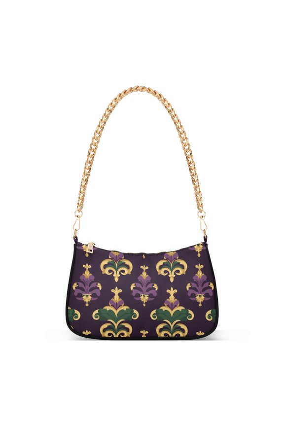 Womens Shoulder Bag with Chain Strap Clutch Purse Cute Tote Handbag, Gold and Purple Floral Pattern
