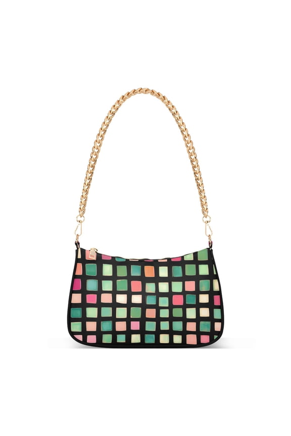 Womens Shoulder Bag with Chain Strap Clutch Purse Cute Tote Handbag, Green Block Pattern