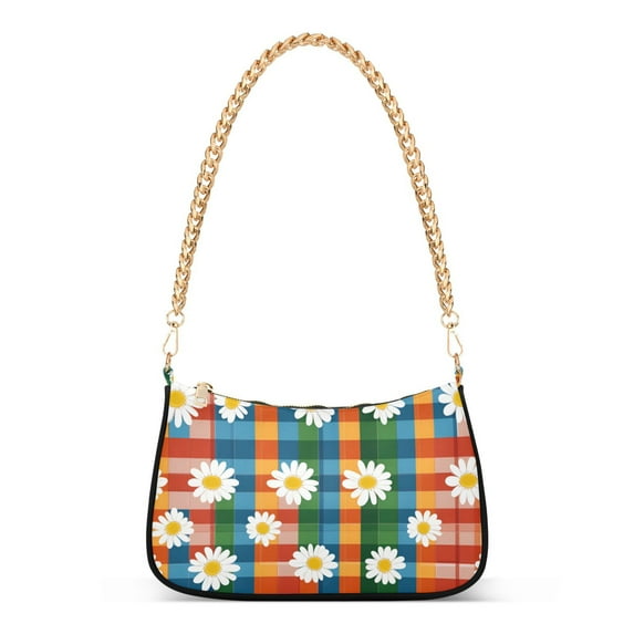 FORMRS Womens Shoulder Bag with Chain Strap Clutch Purse Cute Tote Handbag, Green Checkered Daisy