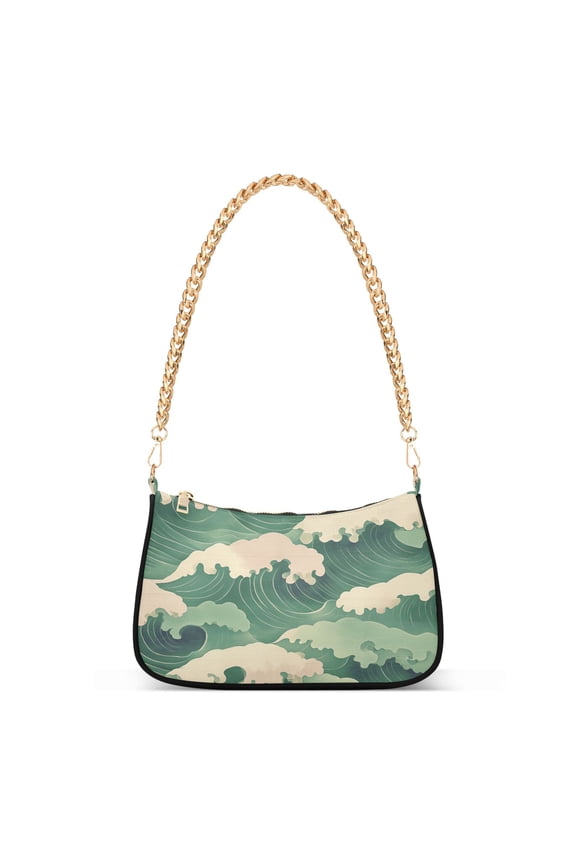 Womens Shoulder Bag with Chain Strap Clutch Purse Cute Tote Handbag, Green Wave Pattern