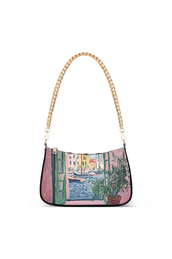 Womens Shoulder Bag with Chain Strap Clutch Purse Cute Tote Handbag, Green Window Sea