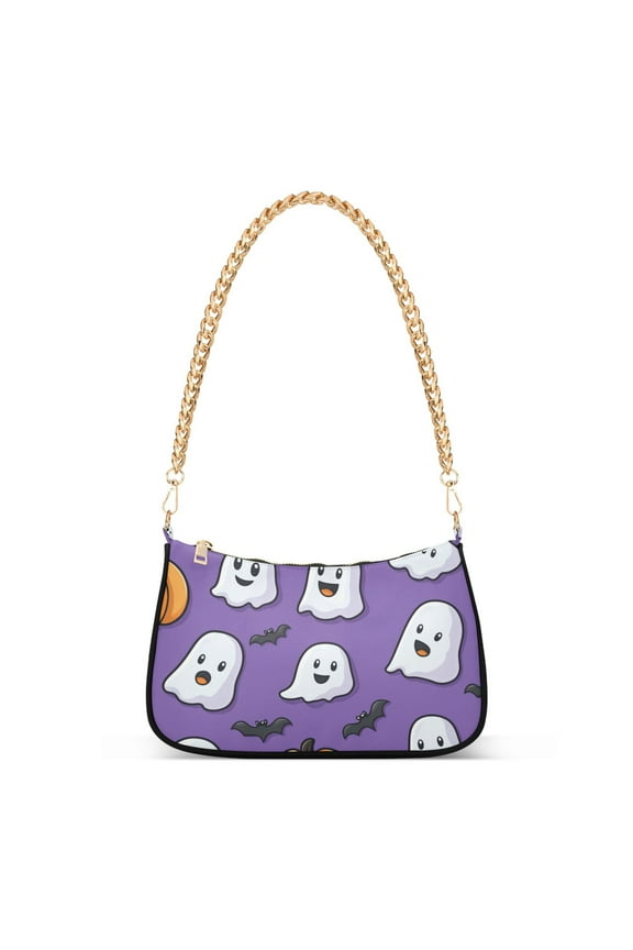 Womens Shoulder Bag with Chain Strap Clutch Purse Cute Tote Handbag, Halloween Ghosts Purple