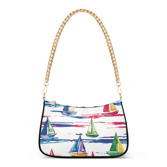 FORMRS Womens Shoulder Bag with Chain Strap Clutch Purse Cute Tote Handbag, Hand Drawn Sailboats