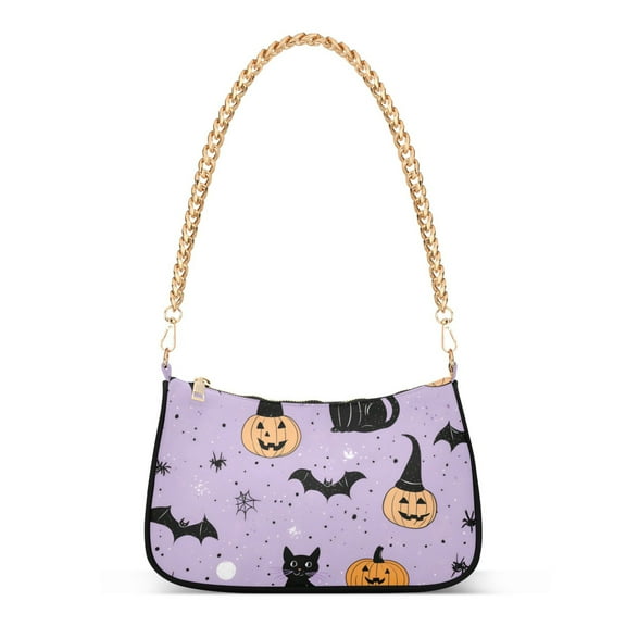 FORMRS Womens Shoulder Bag with Chain Strap Clutch Purse Cute Tote Handbag, Light Purple Halloween Black Cat