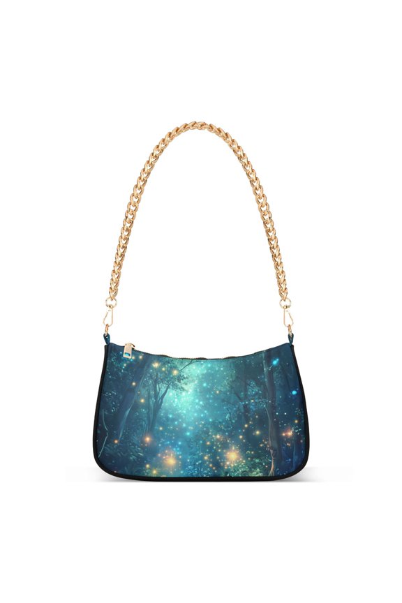 Womens Shoulder Bag with Chain Strap Clutch Purse Cute Tote Handbag, Magical Forest Glowing Lights