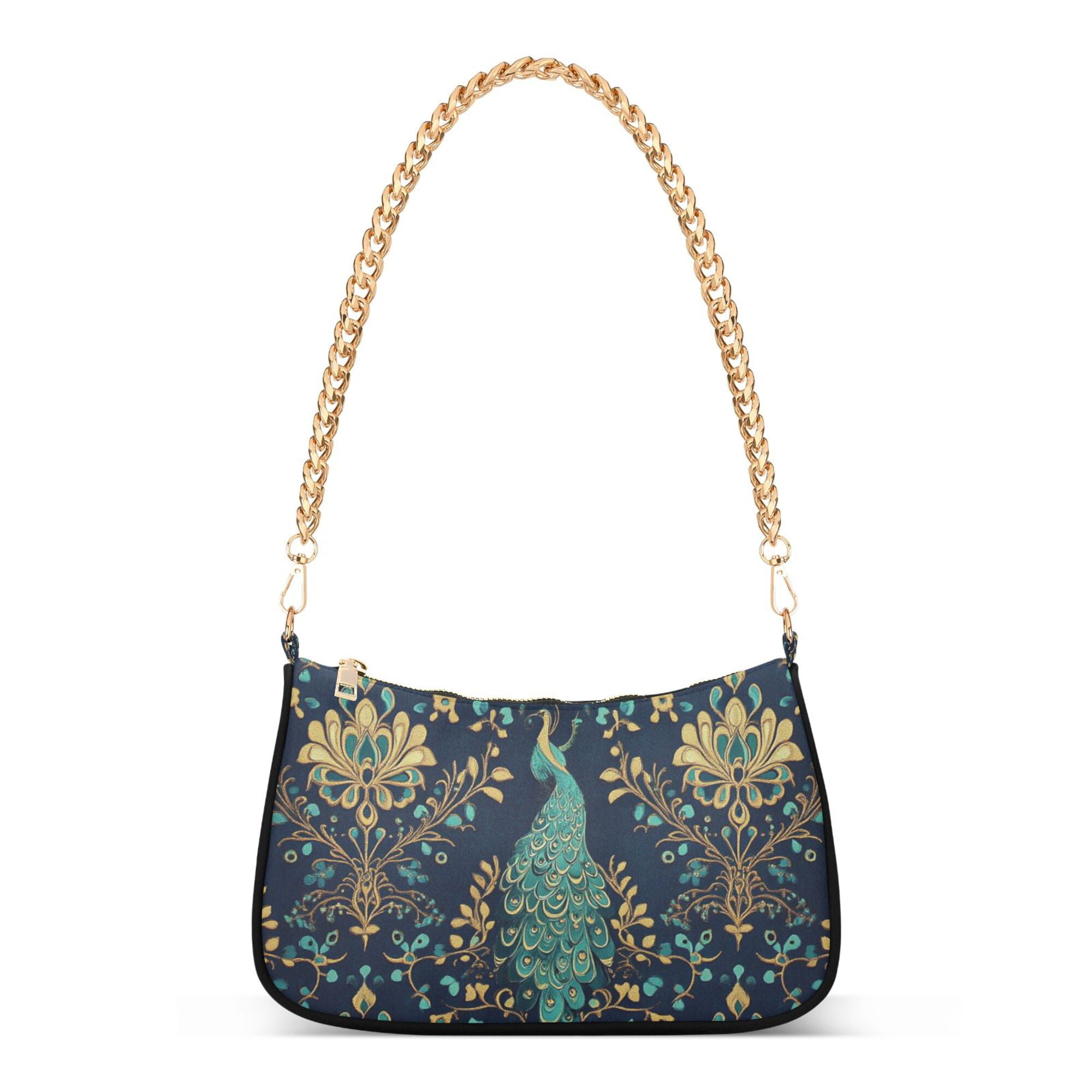 FORMRS Womens Shoulder Bag with Chain Strap Clutch Purse Cute Tote Handbag, Navy Blue Peacock Pattern