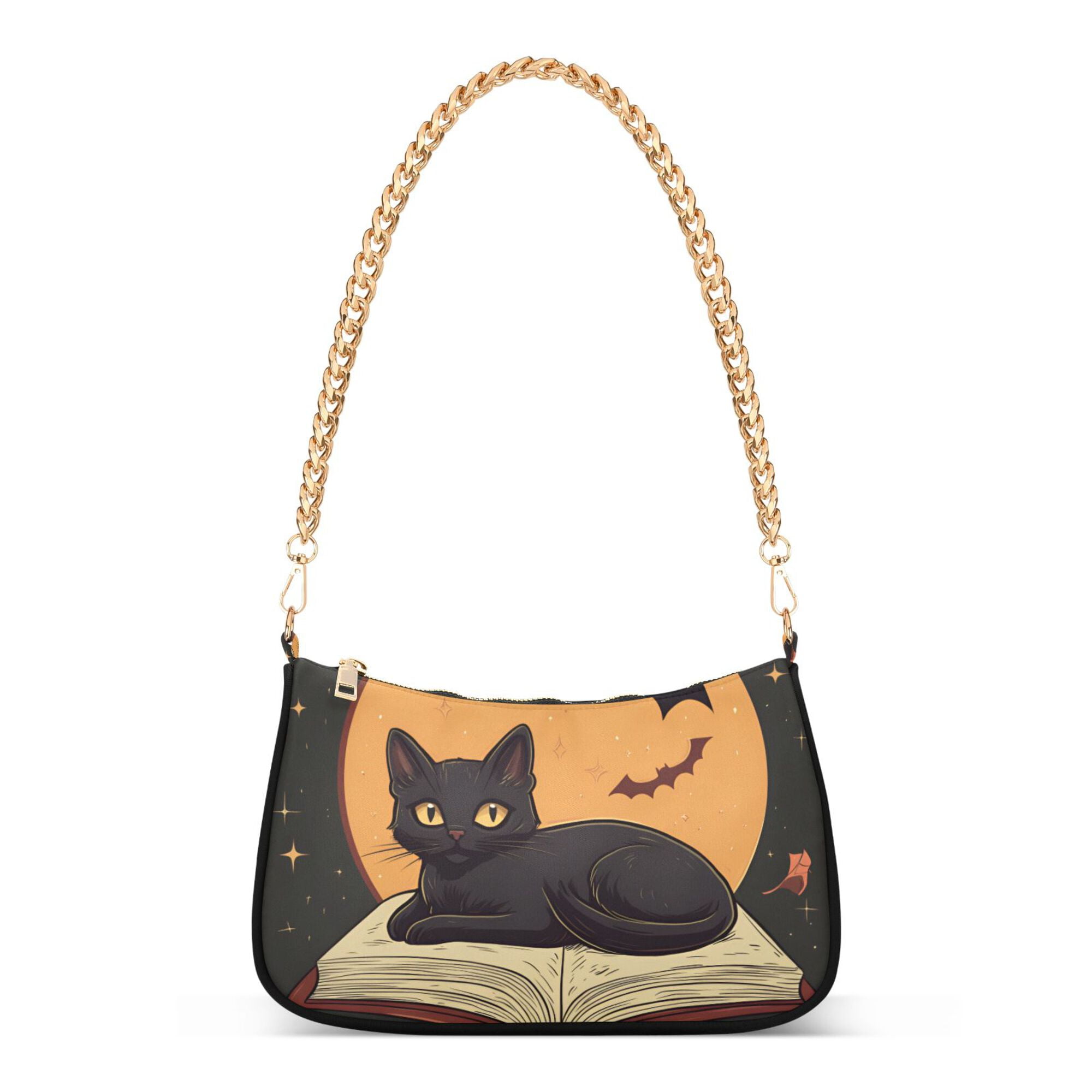 FORMRS Womens Shoulder Bag with Chain Strap Clutch Purse Cute Tote Handbag, Orange Halloween Cat