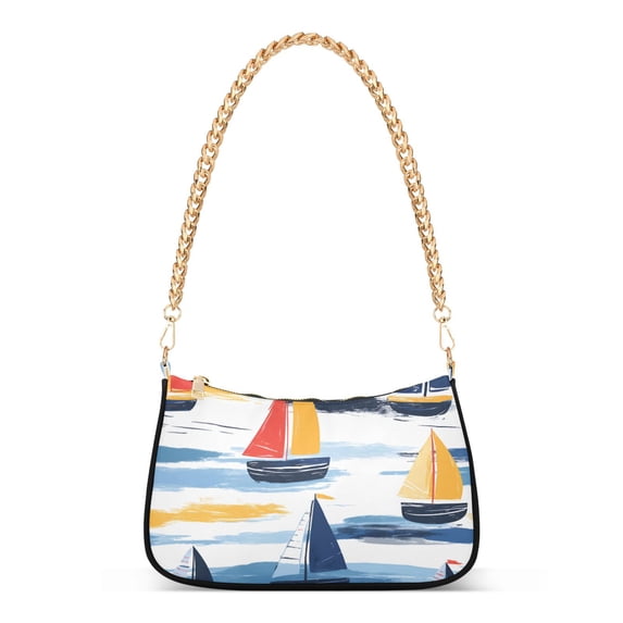 FORMRS Womens Shoulder Bag with Chain Strap Clutch Purse Cute Tote Handbag, Orange Hand Drawn Sailboats