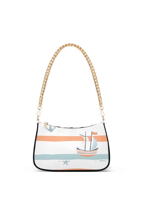 Womens Shoulder Bag with Chain Strap Clutch Purse Cute Tote Handbag, Orange Nautical Pattern