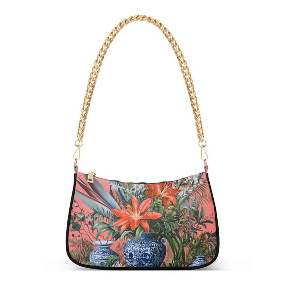 FORMRS Womens Shoulder Bag with Chain Strap Clutch Purse Cute Tote Handbag, Orange Vibrant Flowers