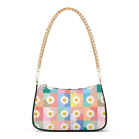 FORMRS Womens Shoulder Bag with Chain Strap Clutch Purse Cute Tote Handbag, Pink Checkered Daisy