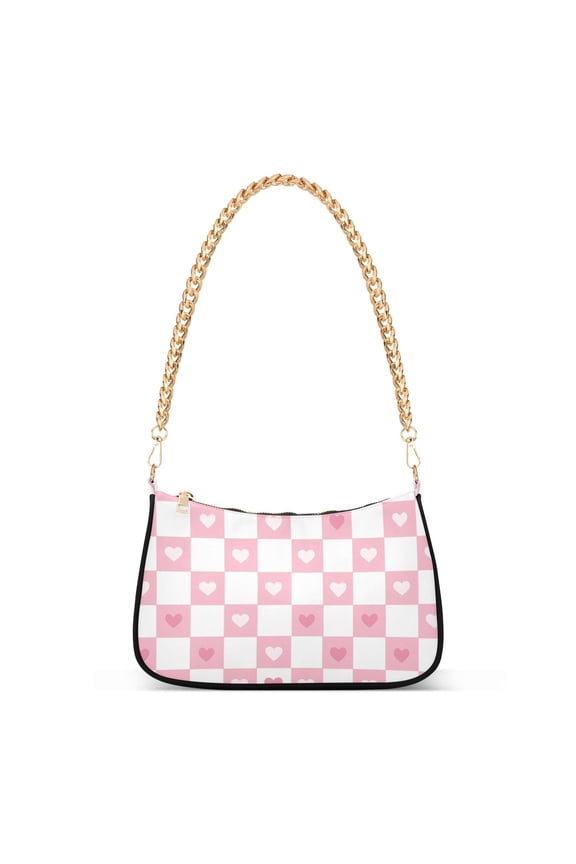 Womens Shoulder Bag with Chain Strap Clutch Purse Cute Tote Handbag, Pink Checkered Heart