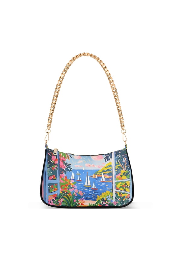 Womens Shoulder Bag with Chain Strap Clutch Purse Cute Tote Handbag, Pink Floral Window