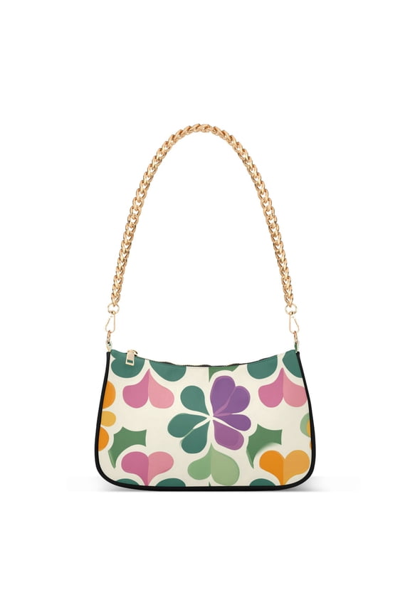 Womens Shoulder Bag with Chain Strap Clutch Purse Cute Tote Handbag, Purple Clover Pattern