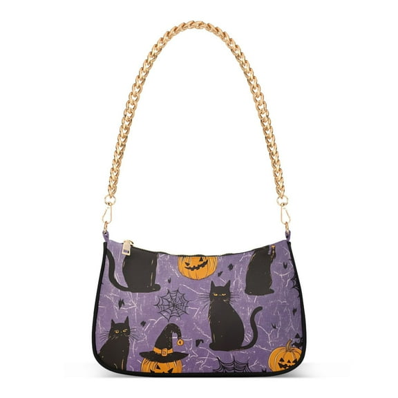 FORMRS Womens Shoulder Bag with Chain Strap Clutch Purse Cute Tote Handbag, Purple Halloween Black Cat