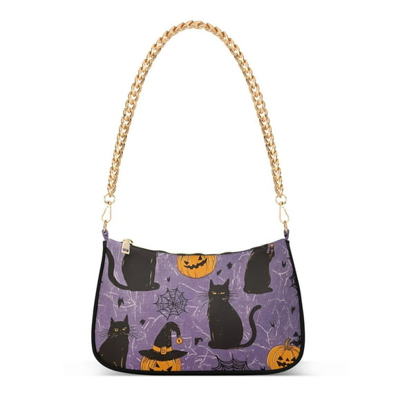 FORMRS Womens Shoulder Bag with Chain Strap Clutch Purse Cute Tote Handbag, Purple Halloween Black Cat