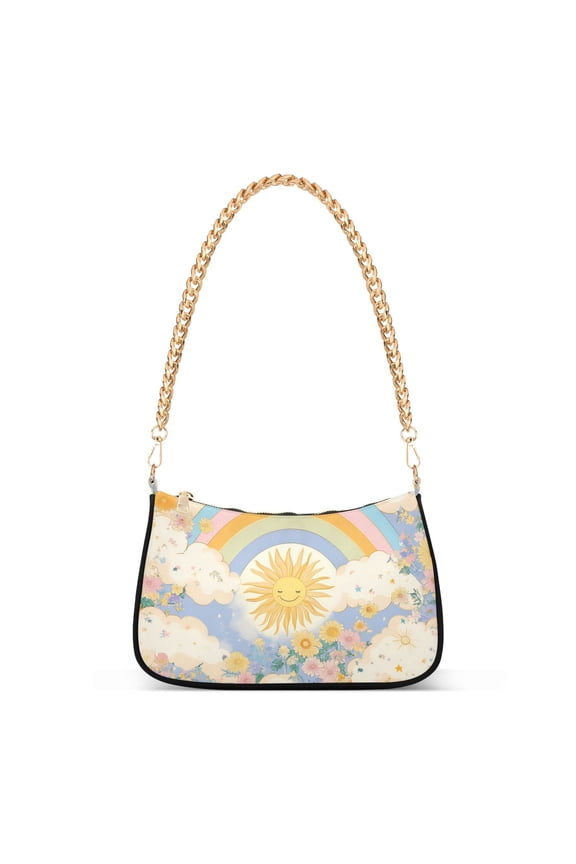 Womens Shoulder Bag with Chain Strap Clutch Purse Cute Tote Handbag, Purple Rainbow Clouds