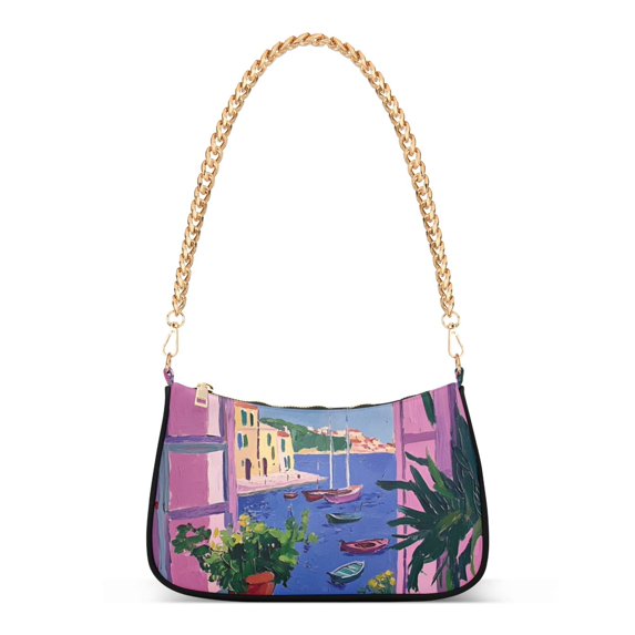 FORMRS Womens Shoulder Bag with Chain Strap Clutch Purse Cute Tote Handbag, Purple Window Scene