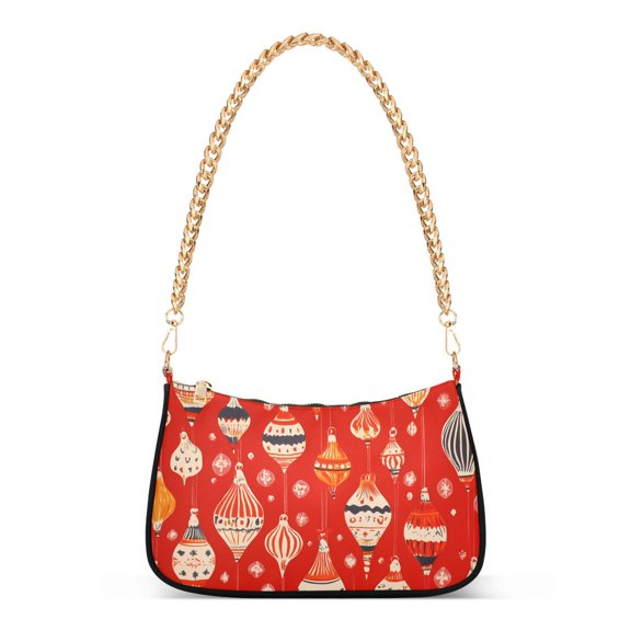 FORMRS Womens Shoulder Bag with Chain Strap Clutch Purse Cute Tote Handbag, Red Christmas Ornaments Pattern