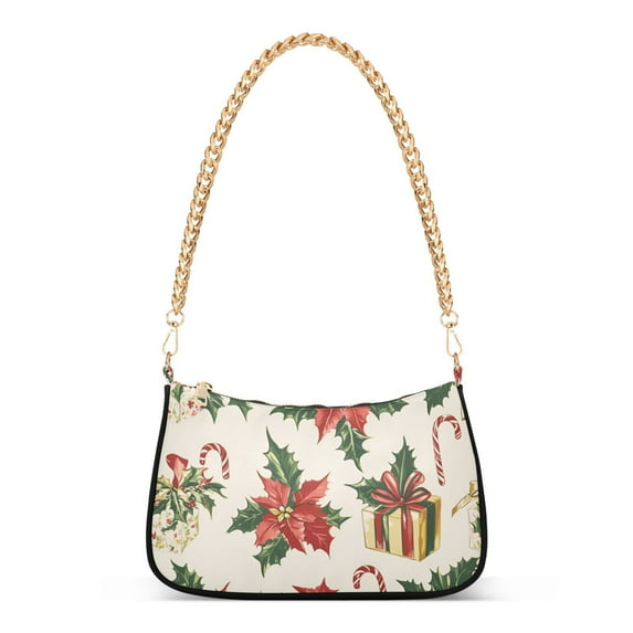 FORMRS Womens Shoulder Bag with Chain Strap Clutch Purse Cute Tote Handbag, Red Christmas Poinsettia