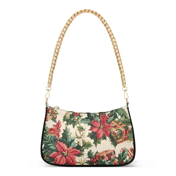 FORMRS Womens Shoulder Bag with Chain Strap Clutch Purse Cute Tote Handbag, Red Christmas Poinsettia
