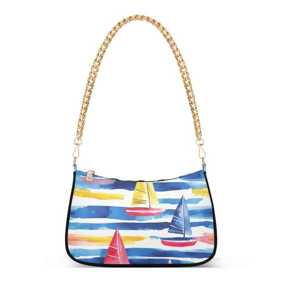 FORMRS Womens Shoulder Bag with Chain Strap Clutch Purse Cute Tote Handbag, Red Hand Drawn Sailboats