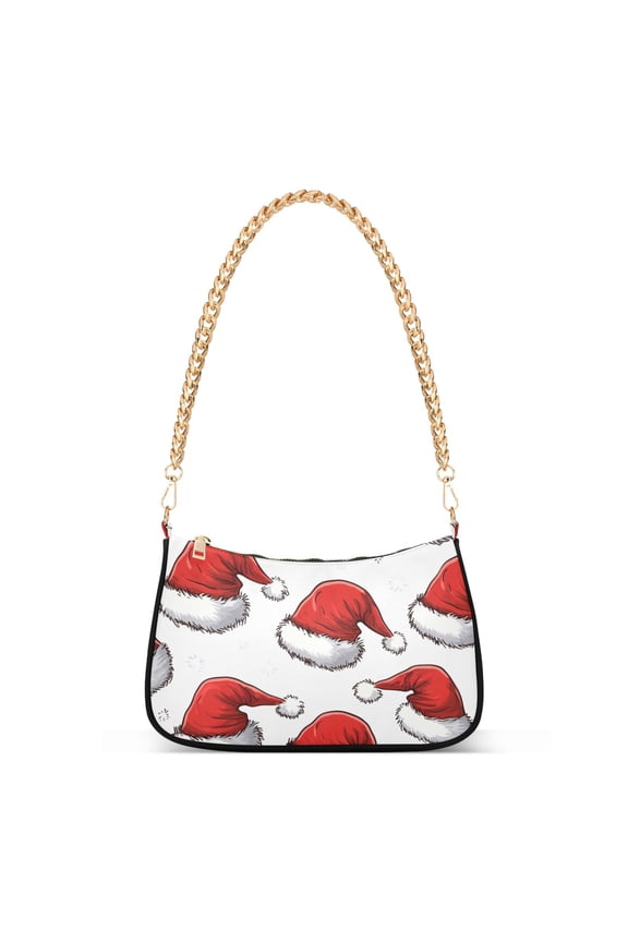 Womens Shoulder Bag with Chain Strap Clutch Purse Cute Tote Handbag, Red Santa Hats Pattern