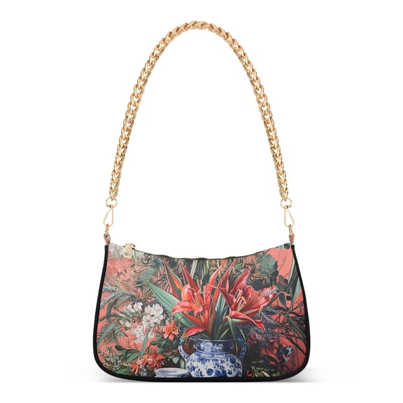 FORMRS Womens Shoulder Bag with Chain Strap Clutch Purse Cute Tote Handbag, Red Vibrant Flowers