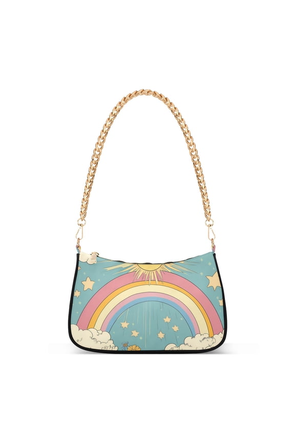 Womens Shoulder Bag with Chain Strap Clutch Purse Cute Tote Handbag, Retro Beige Rainbow