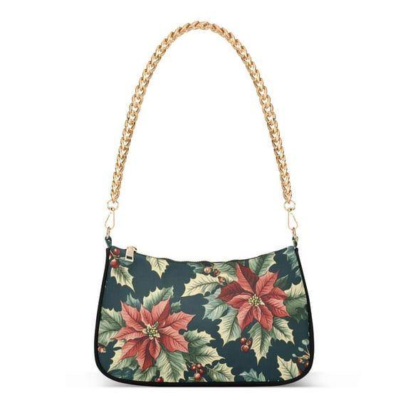 FORMRS Womens Shoulder Bag with Chain Strap Clutch Purse Cute Tote Handbag, Retro Christmas Poinsettia