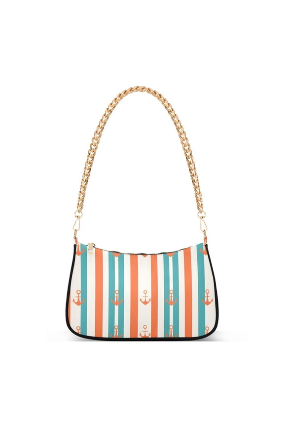 Womens Shoulder Bag with Chain Strap Clutch Purse Cute Tote Handbag, Simple Nautical Pattern