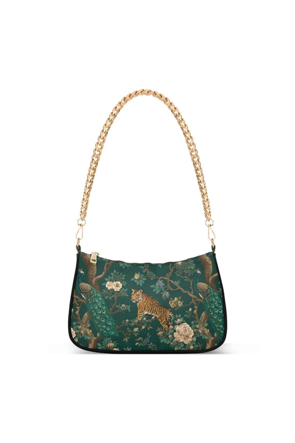 Womens Shoulder Bag with Chain Strap Clutch Purse Cute Tote Handbag, Tiger and Peacock Pattern