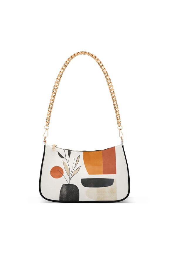 Womens Shoulder Bag with Chain Strap Clutch Purse Cute Tote Handbag, White Abstract Shapes