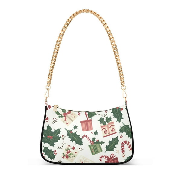 FORMRS Womens Shoulder Bag with Chain Strap Clutch Purse Cute Tote Handbag, White Christmas Holly