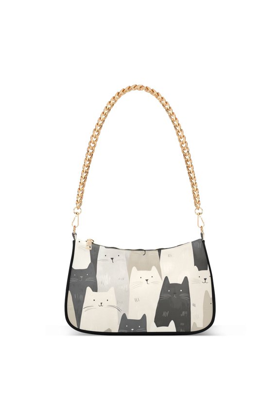 Womens Shoulder Bag with Chain Strap Clutch Purse Cute Tote Handbag, White Cute Cats