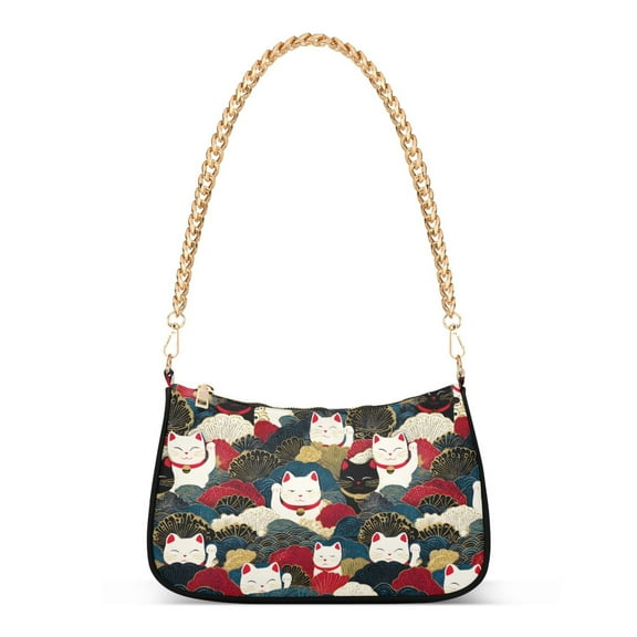 FORMRS Womens Shoulder Bag with Chain Strap Clutch Purse Cute Tote Handbag, White Lucky Cat