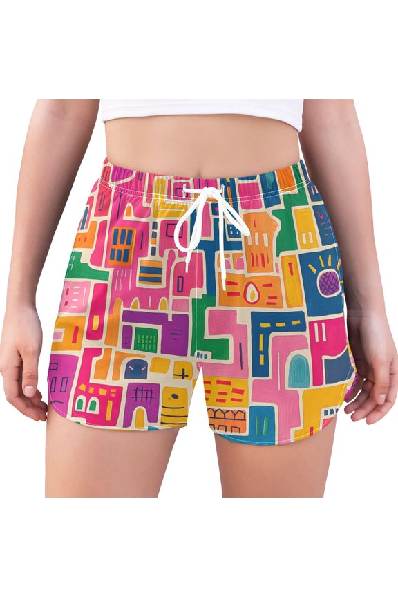 Womens Swim Shorts Mesh Liner Quick Dry Casual Beach Board Bottom with Pockets, Sizes S-2XL, Art Map