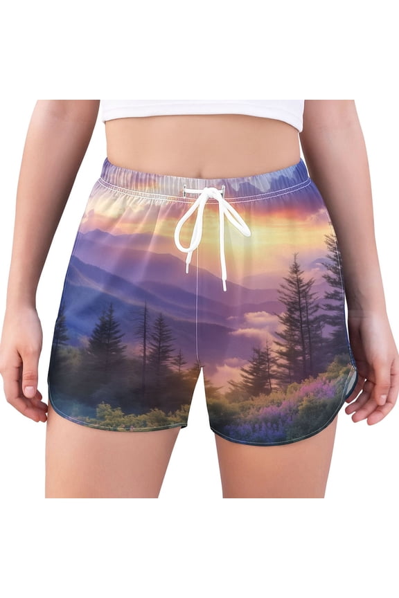 Womens Swim Shorts Mesh Liner Quick Dry Casual Beach Board Bottom with Pockets, Sizes S-2XL, Beautiful Mountain