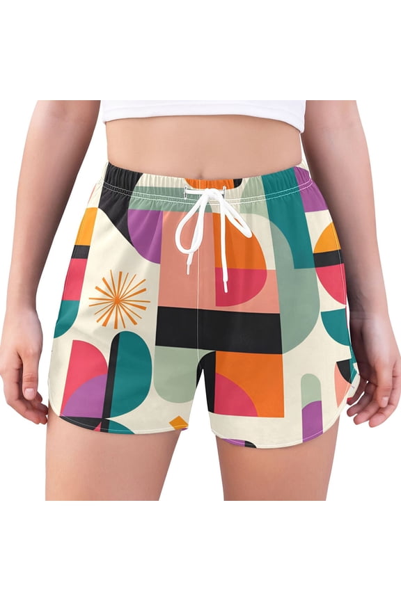 Womens Swim Shorts Mesh Liner Quick Dry Casual Beach Board Bottom with Pockets, Sizes S-2XL, Beige Abstract