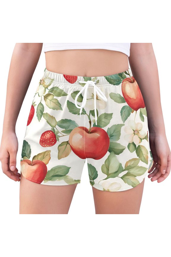 Womens Swim Shorts Mesh Liner Quick Dry Casual Beach Board Bottom with Pockets, Sizes S-2XL, Beige Apple Pattern