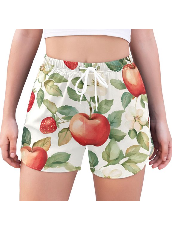 Womens Swim Shorts Mesh Liner Quick Dry Casual Beach Board Bottom with Pockets, Sizes S-2XL, Beige Apple Pattern