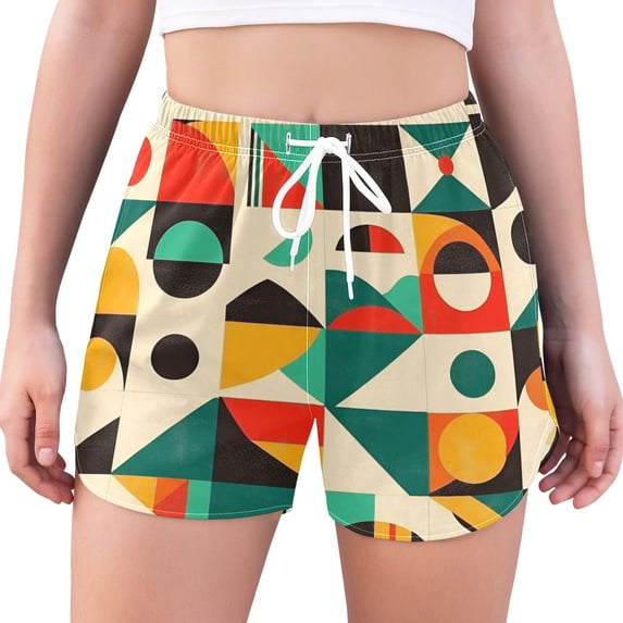 FORMRS Womens Swim Shorts Mesh Liner Quick Dry Casual Beach Board Bottom with Pockets, Sizes S-2XL, Beige Geometric