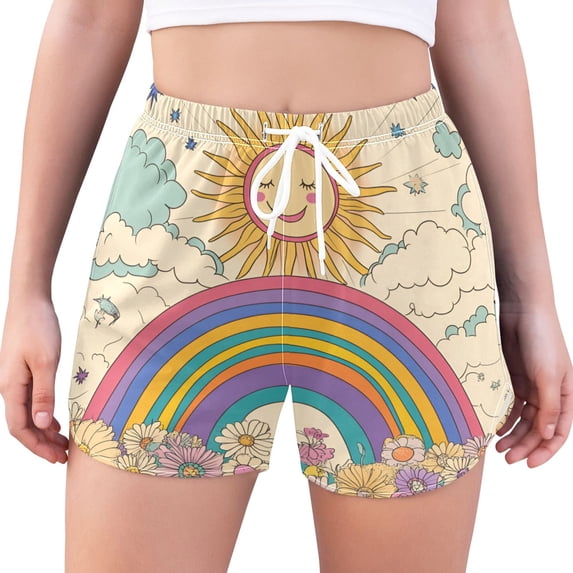 FORMRS Womens Swim Shorts Mesh Liner Quick Dry Casual Beach Board Bottom with Pockets, Sizes S-2XL, Beige Rainbow